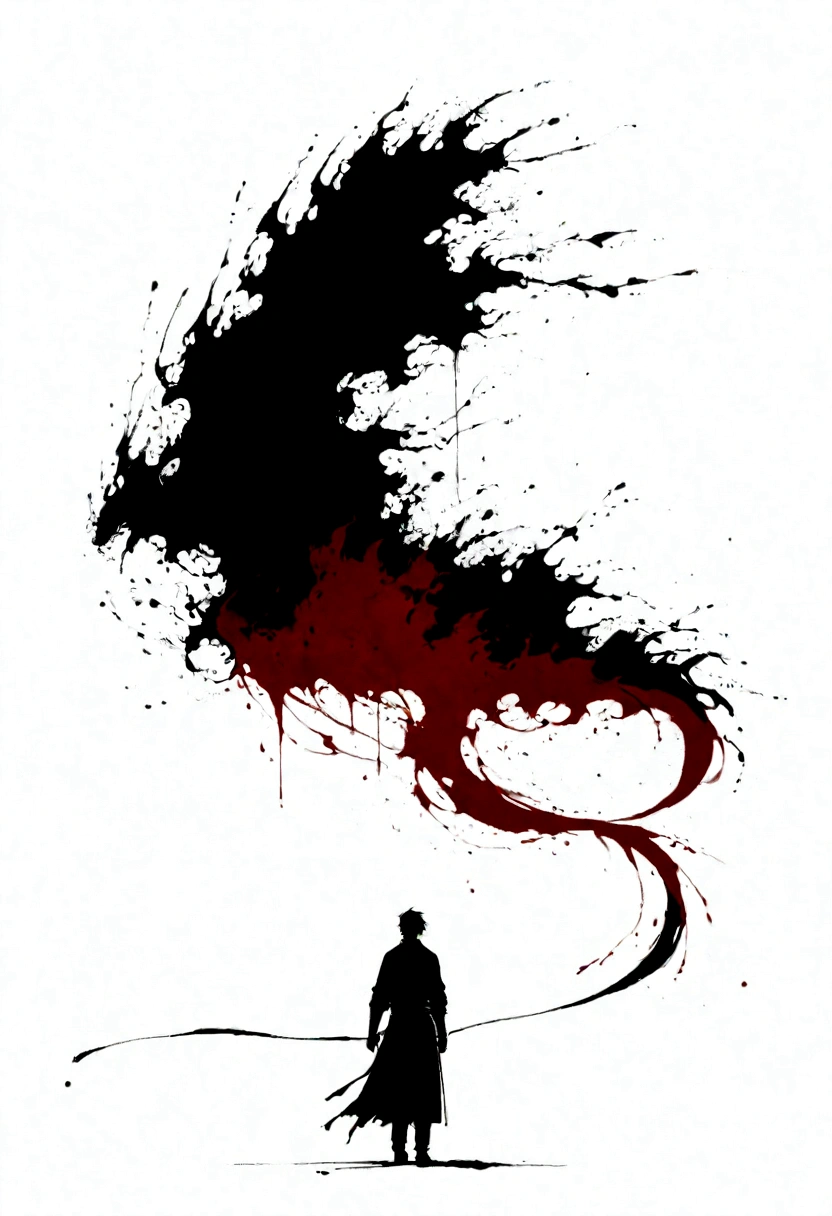 中国Ink Painting, Gray and White, Minimum,White background,The Trail, Minimalism, Huge negative space, Ink Painting, Abstract,Blood-stained sunset,solitary Man