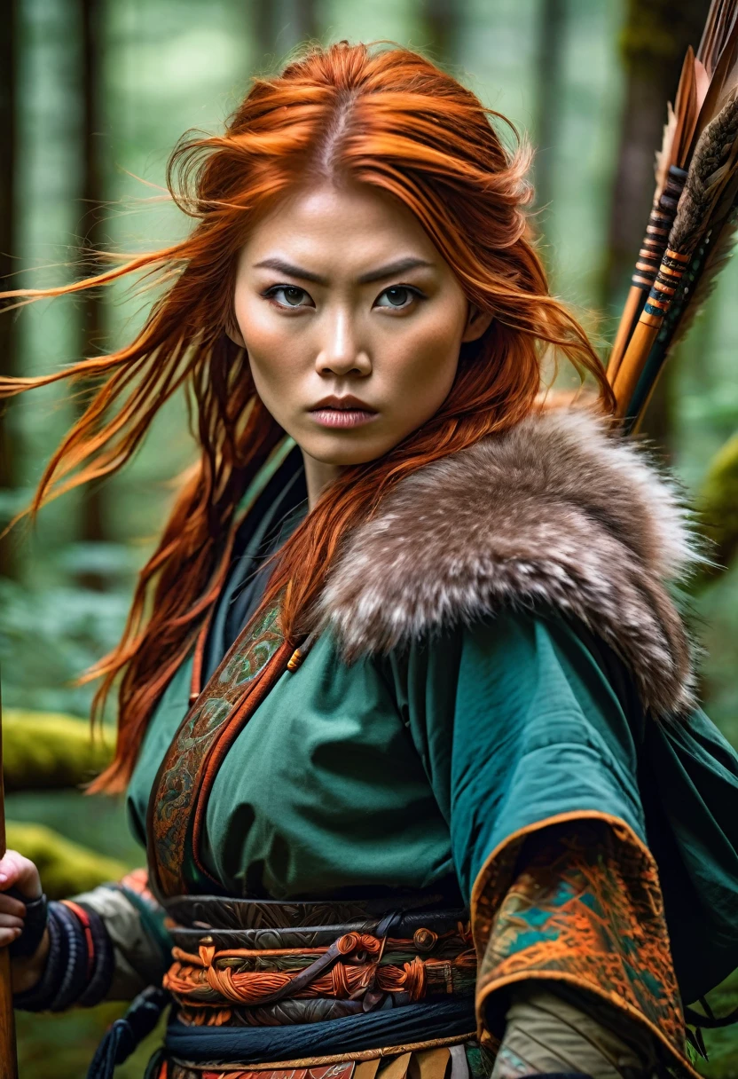 Beautiful wildling hunter woman, with copper hair, wielding a spear, beautiful forest backgroud, beautiful colors, contrasting colors, intricate detail, traditional Japanese style art.