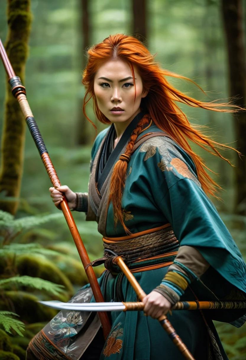 Beautiful wildling hunter woman, with copper hair, wielding a spear, beautiful forest backgroud, beautiful colors, contrasting colors, intricate detail, traditional Japanese style art.