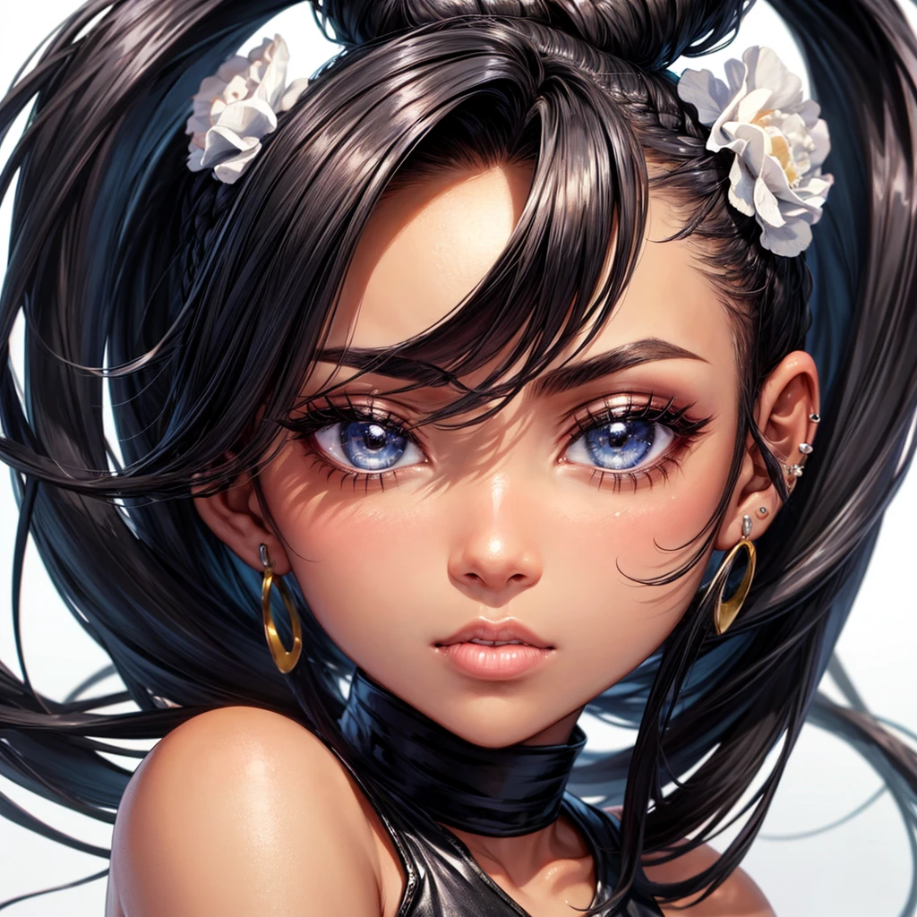 Black girl with swoop hair in a bun and edges. Wearing leather with a nose piercing in front of a white background she looks very beautiful. Made in gelly art style