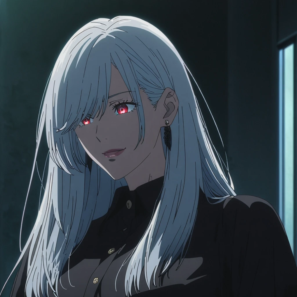 1girl, female gojo satoru, anime screencap from jujutsu kaisen, gojo satoru female version, solo, medium_hair, ((Blue universal eyes)) ((straight Silver_hair)), night view, (hanging breasts) upper_body, smile, indoors, book, green_eyes, lips, (swept bangs, hair over one eyes) ((wearing black colour outfit with button)) breast, "very detailed and high resolution" (Red eyes) (cross arms) ((long straight hair)) ((solo)) (front view) (earings) ((high resolution)) ((good quality)) ((swept bangs)) (( silver hair with red tips)) (((multi colour hair : silver and red)))
