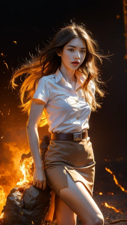 (fire element:1.1), medium long shot, It consists of fire element,fire,transparency,burning,(molten rock),Frame print,burning hair,smoke,cloud,chopped, girl engulfed in flames, Flames fly and sparks scatter,mano burning,translucent luminescence, 18s woman in thai university uniform, long straight fire hair, white shirt, black tight mini skirt, brown belt, white sneakers, masterpiece:1.2, high detail, realistic, cinematic scene, fire goddess, perfect figure, 16k, close up, portrait photo, dynamic powerful pose