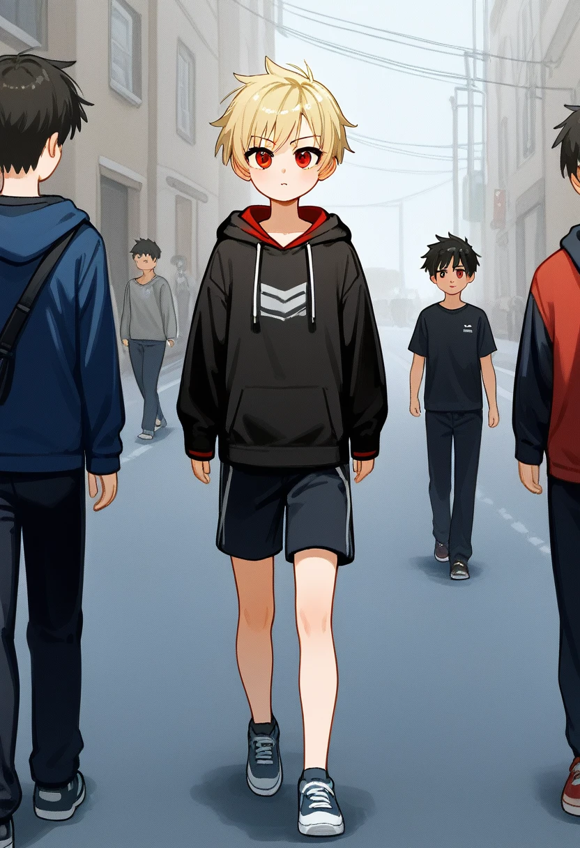 A tomboy ager with short blonde hair and red eyes, walking down the street. She has a physique and appearance similar to a boy, embodying a tomboy look. She appears cute with a confident and relaxed expression