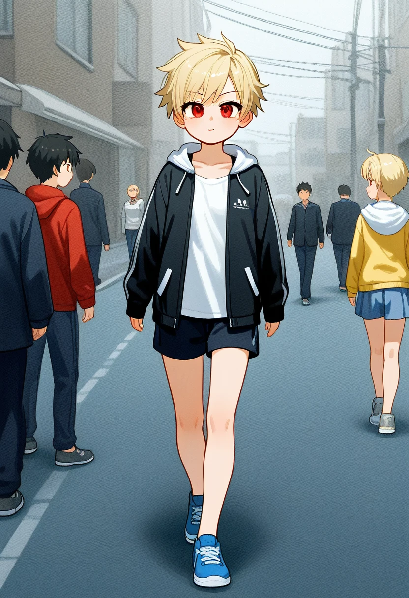 A tomboy teenager with short blonde hair and red eyes, walking down the street. She has a physique and appearance similar to a boy, embodying a tomboy look. She appears cute with a confident and relaxed expression