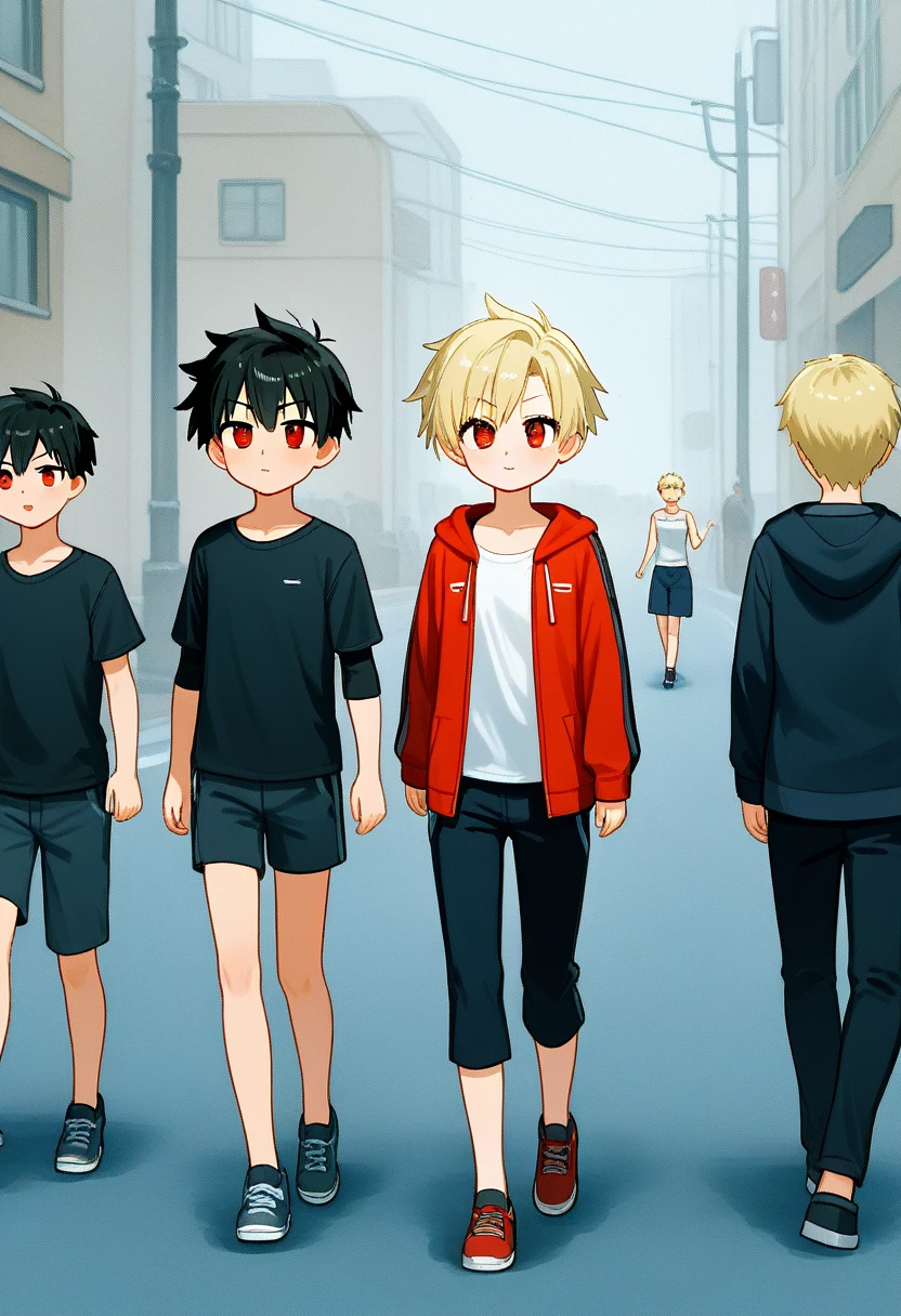 A tomboy teenager with short blonde hair and red eyes, walking down the street. She has a physique and appearance similar to a boy, embodying a tomboy look. She appears cute with a confident and relaxed expression