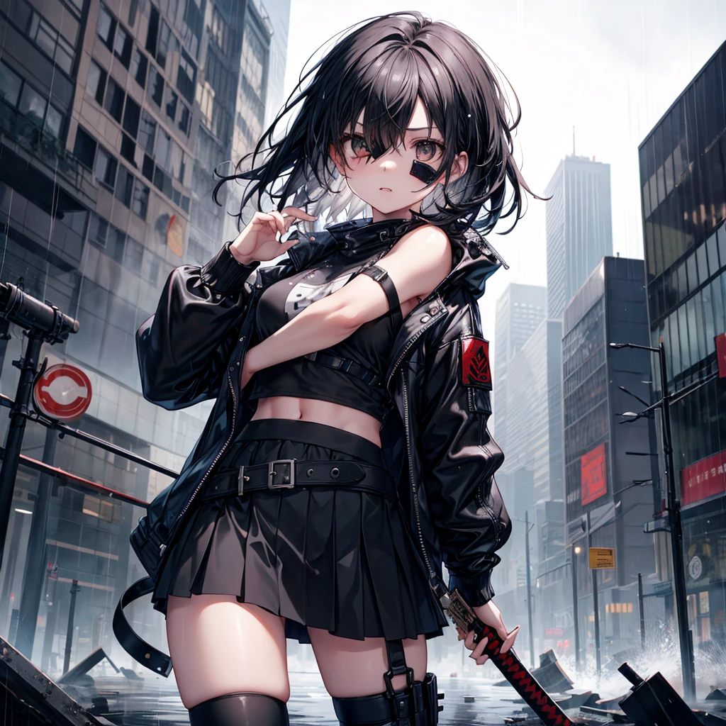 ((Highest quality)), ((masterpiece)), (detailed), A beautiful black-haired girl with an eye patch and a katana, fighting in a desolate cityscape. It's raining heavily, and the girl is dressed in a black leather jacket, a crop top, and a mini skirt, which are slightly torn. The background shows the ruins of the city, with rain pouring down, adding a dramatic effect to the scene.