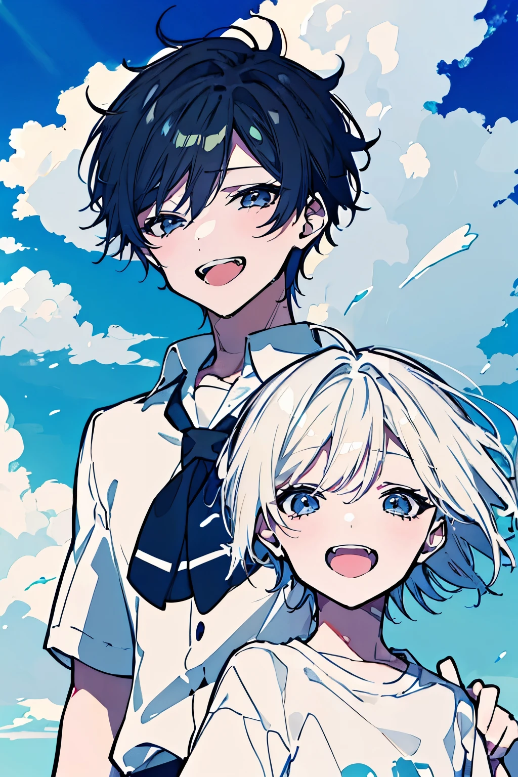 (Mastepiece), (Best Quality), Very detailed, (Two friendly boys:1.5)，Shooting from below、Solo Shooting，Perfect Face, Beautiful Face, Very detailed顔，(1 boy with black hair:1.3)，(One boy with white hair:1.3)、(short hair:1.3)、(Happy Face:1.4)，(Laughing with your mouth open:1.3)，(White shirt:1.4)、(Hair blowing in the wind:1.4)，The atmosphere that seems to disappear，(blue sky_cumulonimbus)、summer、ephemeral、Sweat
