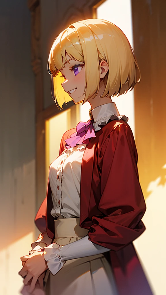 1 Girl、anime painting、Upper body close-up、profile、Natural Proportions、thin、Small breasts、Grin、White skin、(blonde)、Bobcut、Beautiful purple eyes、Red jacket、(Long sleeve blouse)、Frilled blouse、Morning Cafe Terrace、Background blur、Written boundary depth