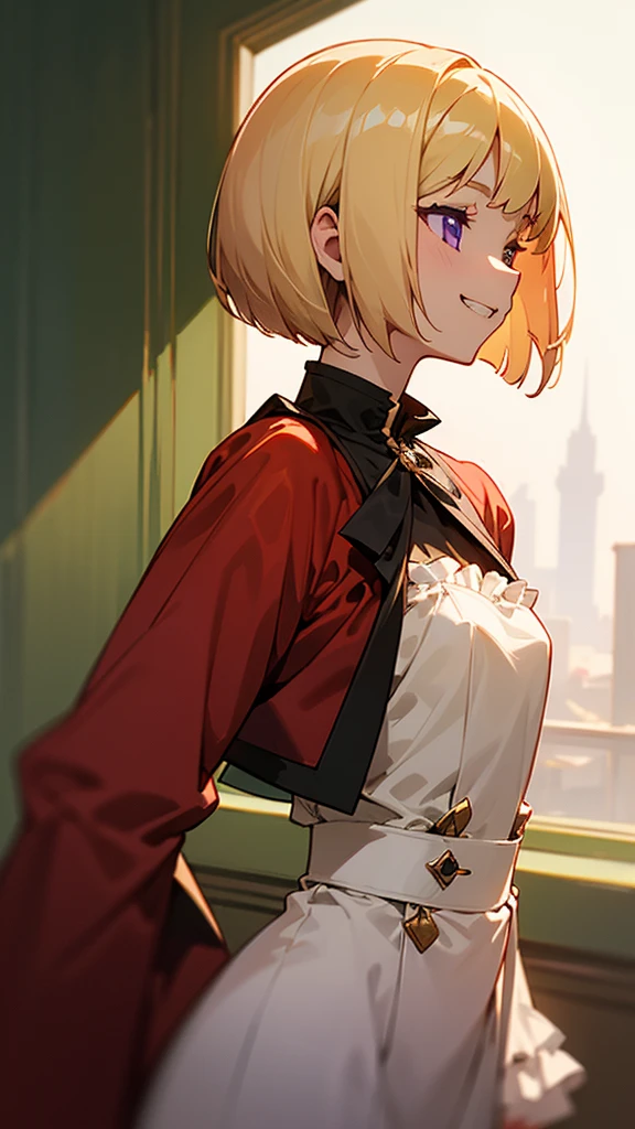 1 Girl、anime painting、Upper body close-up、profile、Natural Proportions、thin、Small breasts、Grin、White skin、(blonde)、Bobcut、Beautiful purple eyes、Red jacket、(Long sleeve blouse)、Frilled blouse、Morning Cafe Terrace、Background blur、Written boundary depth