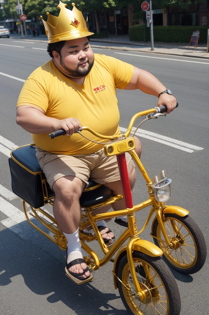 chubby king with golden crown riding tricycle pedaling