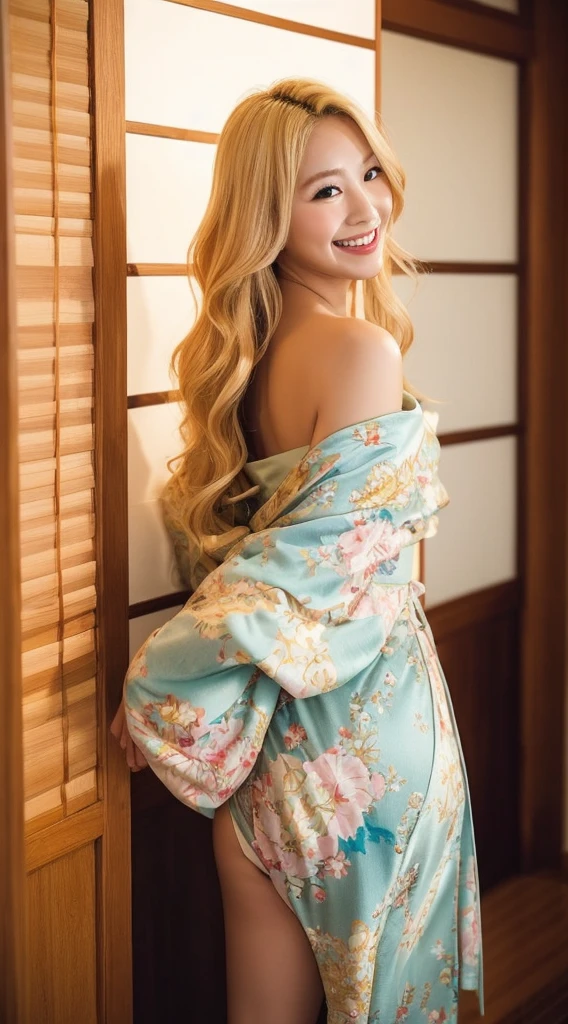Surreal beautiful woman with blonde wavy hair and a big smile on her face.South Korea.Light color off-shoulder low-cut kimono.role play.Butt up