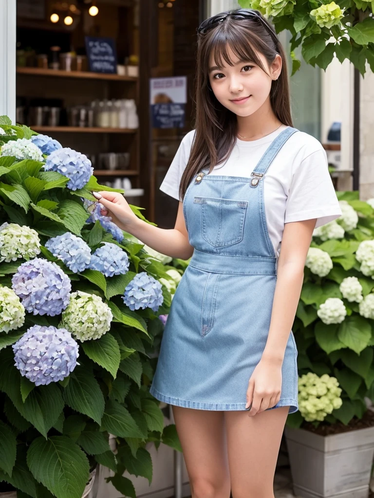 18-year-old girl working at a cafe with hydrangeas in a miniskirt