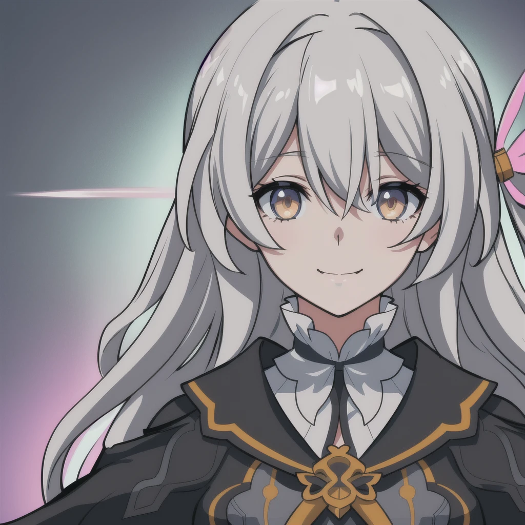anime girl, smile, happy expression, light grey hair, firefly, dark brown clothes, 1girl, masterpiece, (beautiful and aesthetic:1. 5), thick black lineart, clean lineart, perfect lineart, variable lineart, clean anime outlines, intense line art, bold lineart, sharp lineart, best quality, high quality, best quality, ultra-detailed, colourful, saturated colours, dynamic lighting, HD,