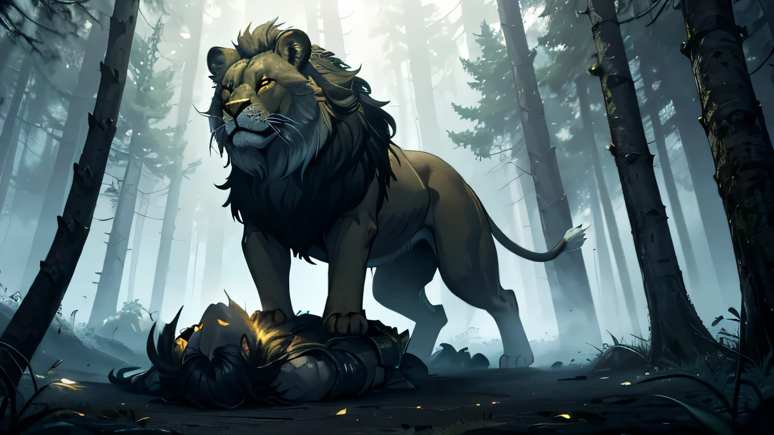 battle epic scene LION IN THE DARK bright yellow eyes, attacking with its claws a human into the air with violence, hyper-realistic forest, gloomy and mysterious, cinematic lighting, intricate details, 8k, high quality, photorealistic, dramatic, powerful, epic battle scene