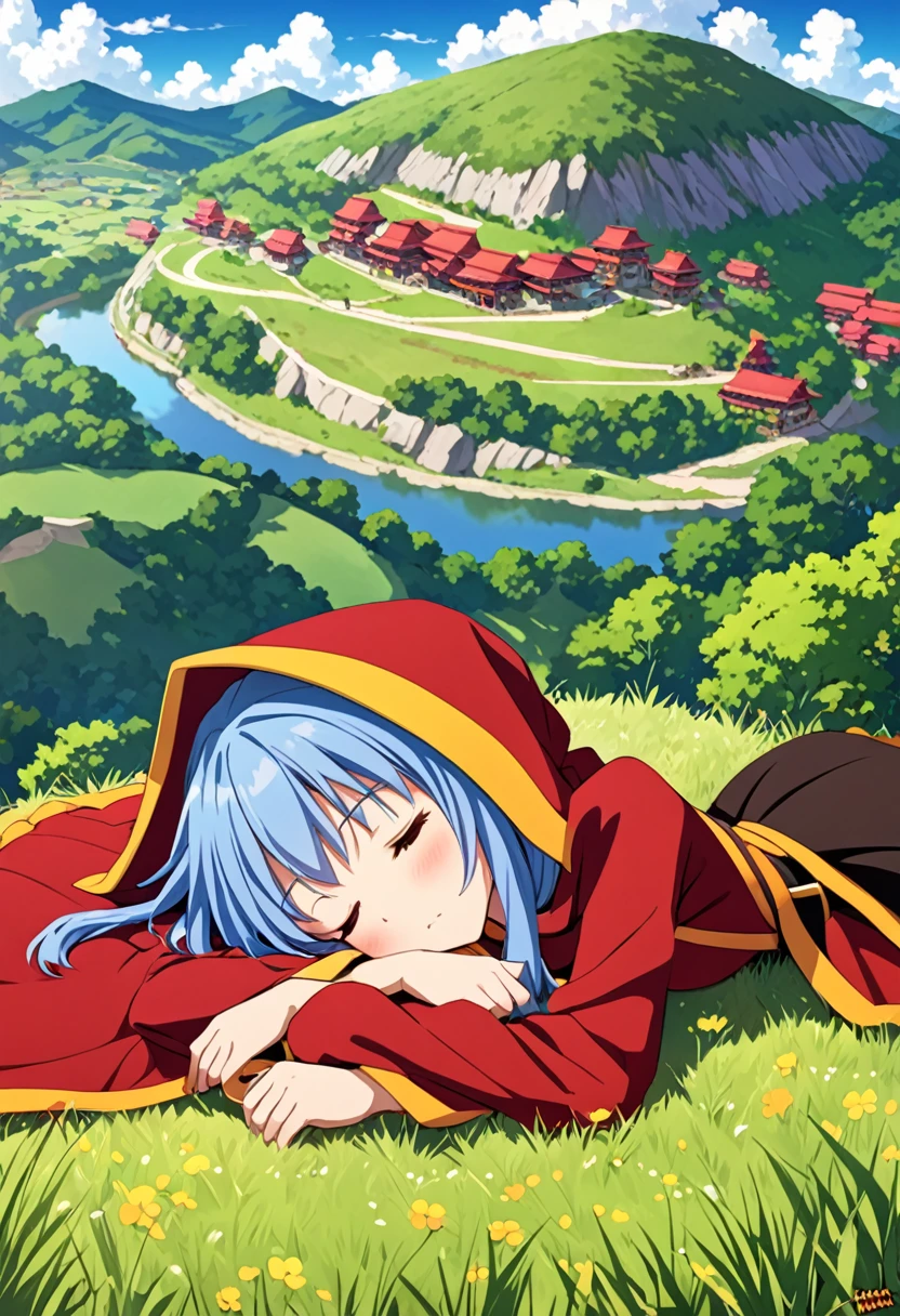 high quality,Rem,Megumin,Sleeping,hill