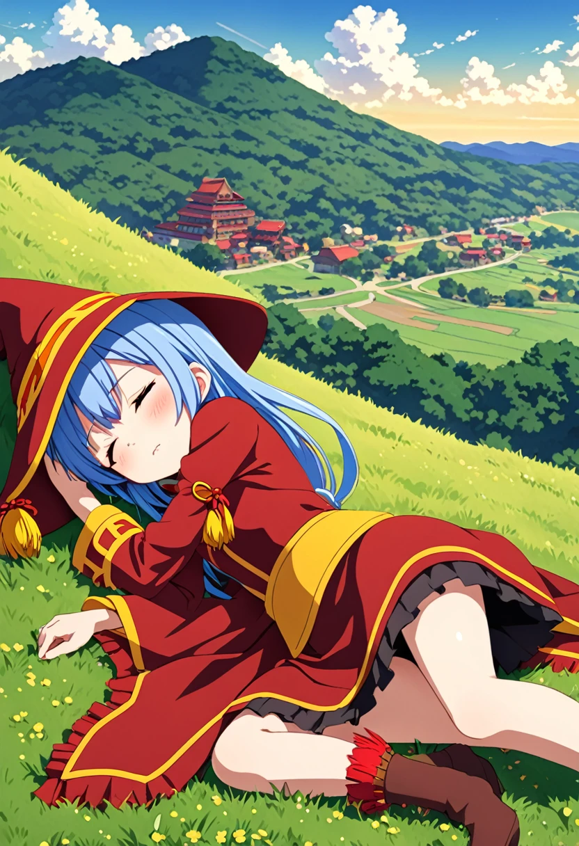 high quality,Rem,Megumin,Sleeping,hill