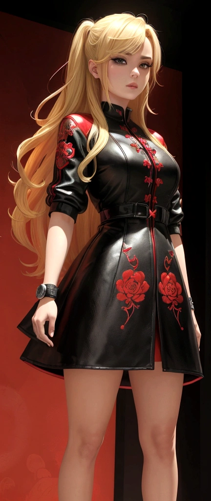 The image features a female character with blonde hair, wearing a black and red outfit while standing in front of a colorful backdrop.