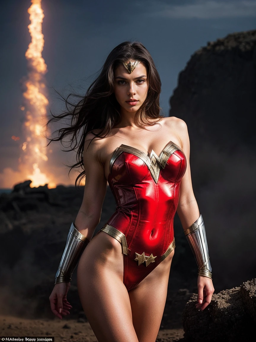 Create an image of a sexy and tall dark brunette with slightly wavy hair, standing at 175cm tall. The woman should be dressed as Wonder Woman, showcasing her hot armor and amazing physique with an hourglass silhouette. The background should be a destruction scene, adding to the dynamic and alluring nature of the image. The overall look and feel of the image should be that of an erotic and dynamic scene, with a focus on creating an erotic and alluring image that showcases the woman's sex appeal as a superhero, viki odintcova
