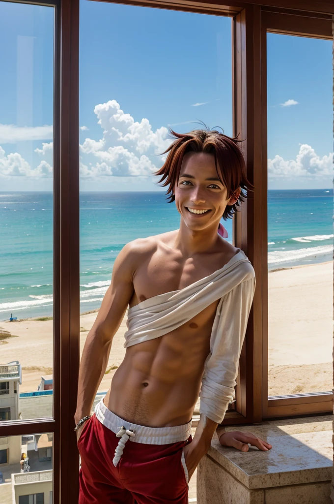 A young boy with a freckled face and a mischievous smile, Portgas D. Ace, looking out at the sea.