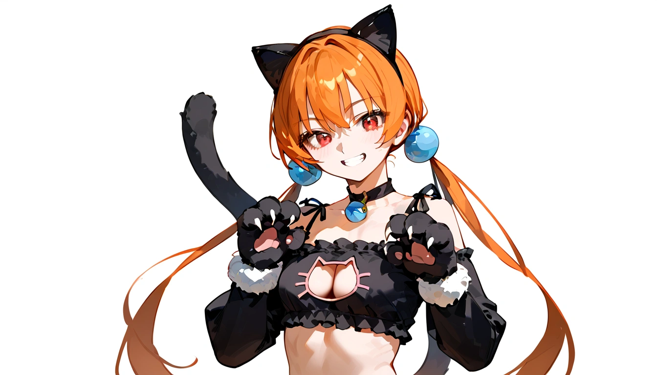 anime artwork, score_9, score_8_up, score_7_up, score_6_up, score_5_up, score_4_up,alisasr, 1girl, orange hair, red eyes, fake black cat ears, hairband, long hair, very long hair, twintails, hair ornament, hair bobbles, low twintails,, \\\\\\ \\\\\ , cat lingerie, paws gloves, cat tail, the pose, grin, claws, >:)
