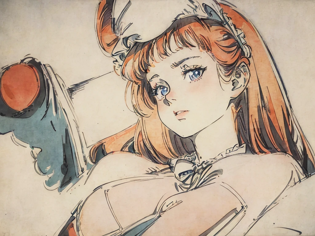 80s anime, 80s Vintage Animation, Desaturate, Increase contrast, The outline is rough, like a pencil drawing., Set the lines a little thicker, One Girl, Slanted Eyes, Low nose, Redhead, ribbon, Alice in Wonderland-inspired girl, Lolita Fashion, pale colour, magic,