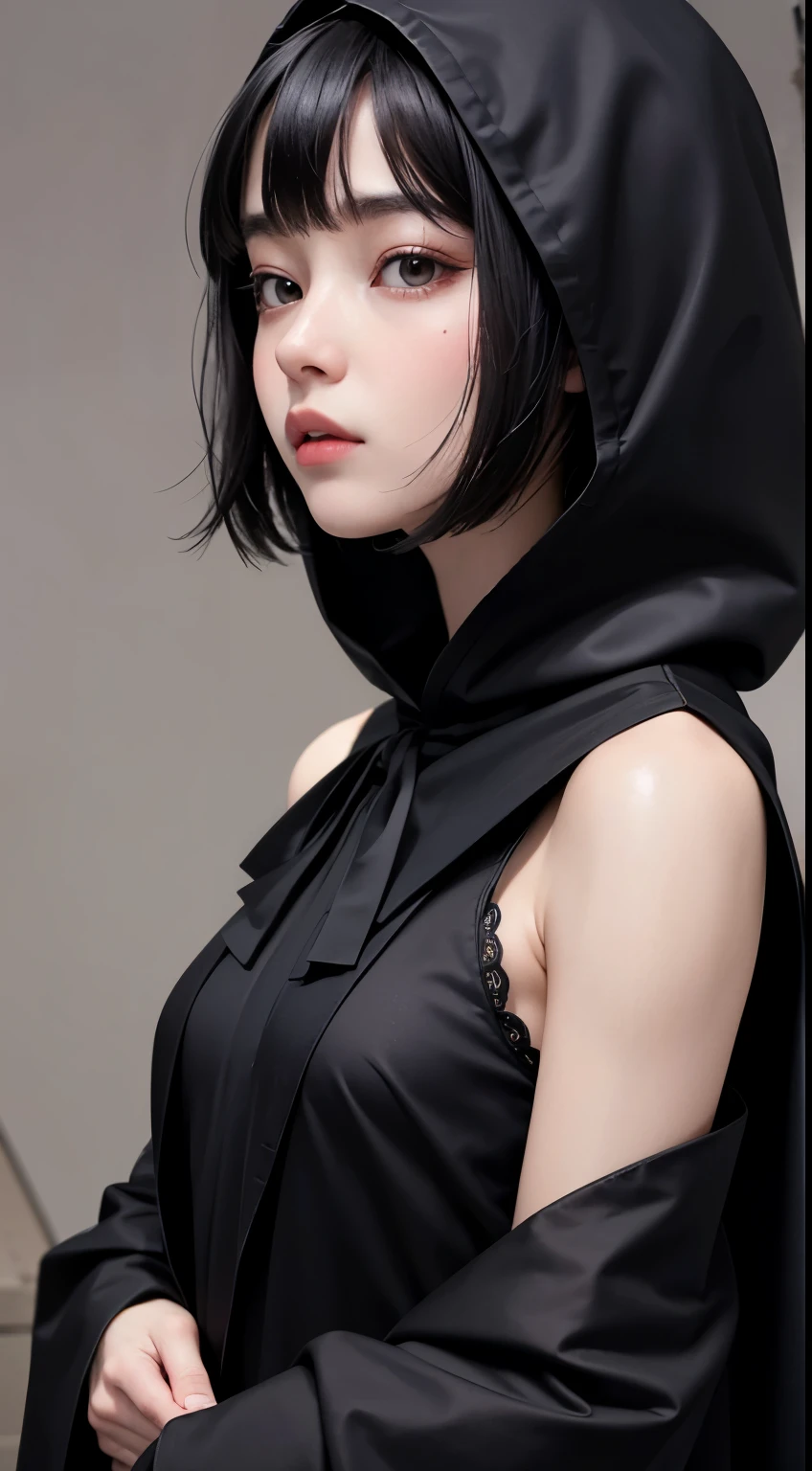 (8K, Raw photo, Highest quality, masterpiece:1.2), One Woman、Japan at age 18,whole body.{cinematic angle、Wide angleの、Do not split the screen、}(Real Skin 1.4)、(((vampire、Black hood、Black Cape、Goth Costume、Don't show skin、)))、(((In the dark forest、Pitch Black Night、Thick Fog)))((Blood dripping from the mouth、Red eyes、Black and length nails))、50mm lens、30mm Film、Wide angle、(length、Straight Hair、)、(Black-haired、the forehead is hidden by bangs、)、Iris、Glowing Skin.Beautiful and delicate face、Beautiful and delicate eyes、{Small breasts、Muscular body、}、