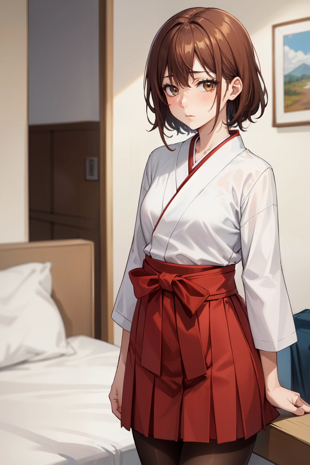 Highest quality, (masterpiece:1.2), Very detailed, 
One girl, alone,
View your viewers, Embarrassed expression, Medium chest, 
Brown eyes, Brown Hair, short hair, Graduation Hakama、pantyhose、Bedroom