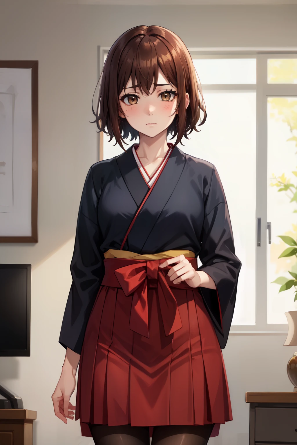 Highest quality, (masterpiece:1.2), Very detailed, 
One girl, alone,
View your viewers, Embarrassed expression, Medium chest, 
Brown eyes, Brown Hair, short hair, Graduation Hakama、pantyhose、Bedroom