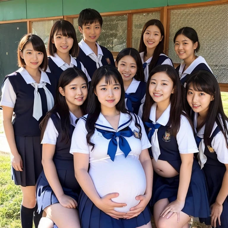 very very big pregnant midriff school sailor uniform woman,belly button,classroom,(group photo,8 people)