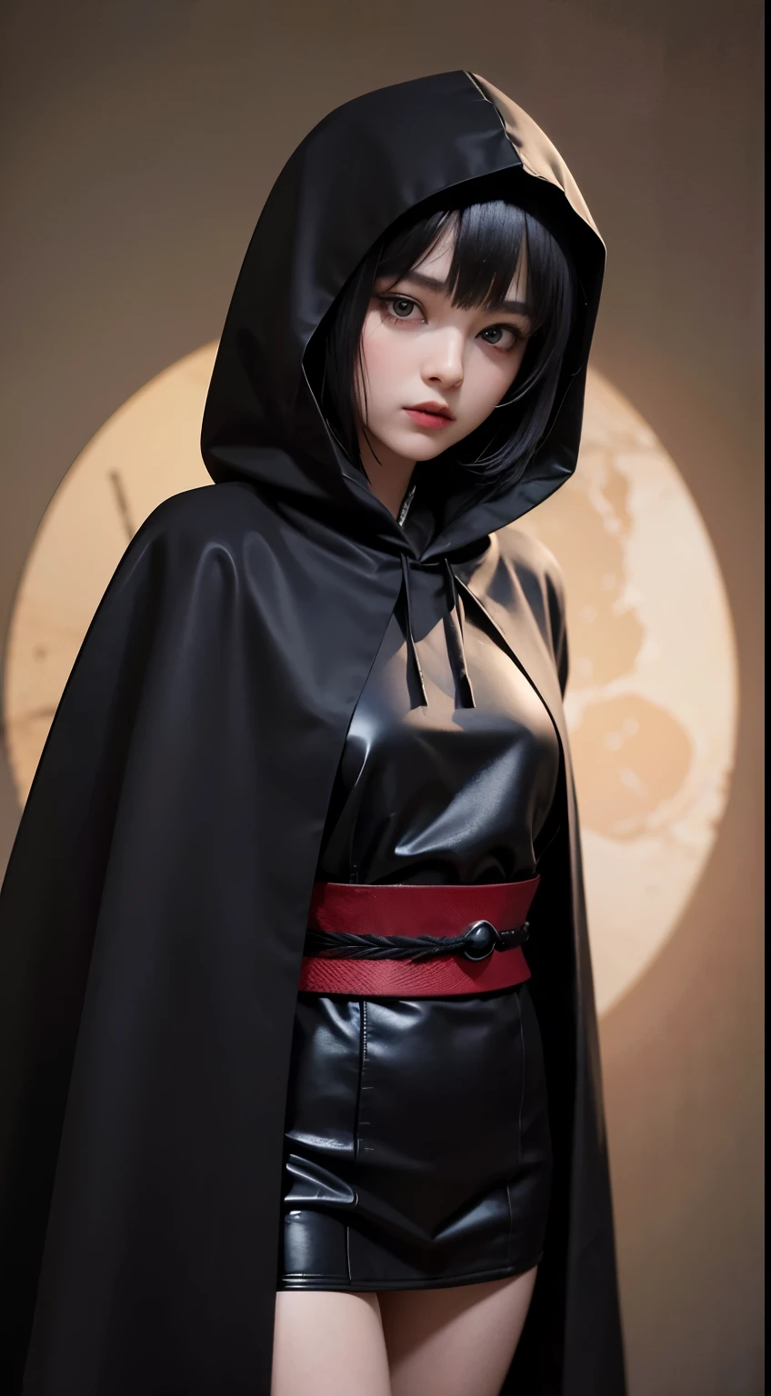 (8K, Raw photo, Highest quality, masterpiece:1.2), One Woman、Japan at age 18,whole body.{cinematic angle、Wide angleの、Do not split the screen、}(Real Skin 1.4)、(((vampire、Black hood、Black Cape、Goth Costume、Don't show skin、)))、(((In the dark forest、Pitch Black Night、Thick Fog)))((Blood dripping from the mouth、Red eyes、Black and length nails))、50mm lens、30mm Film、Wide angle、(length、Straight Hair、)、(Black-haired、the forehead is hidden by bangs、)、Iris、Glowing Skin.Beautiful and delicate face、Beautiful and delicate eyes、{Small breasts、Muscular body、}、