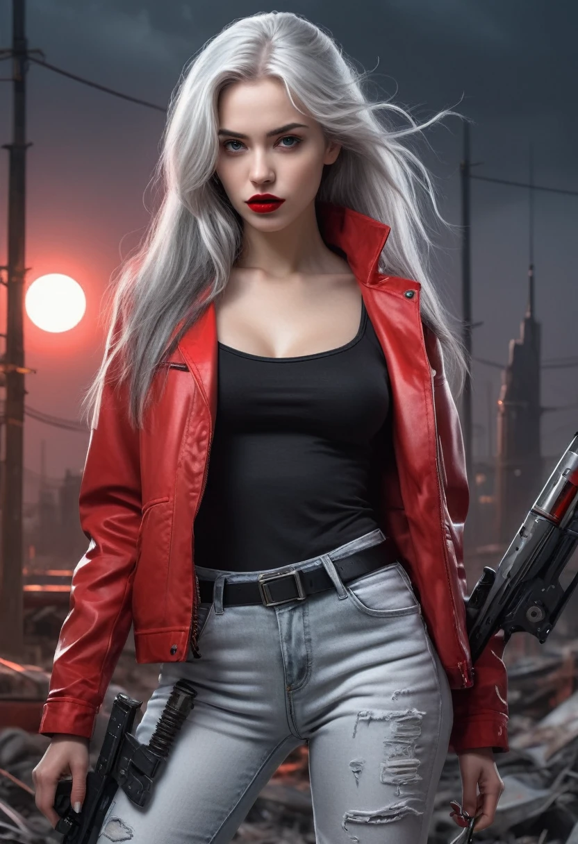 (Sci-fi fantasy), (Masterpiece), (professional oil painting) (best quality), (8k resolution), (1 beautiful girl), ((pale gray skin)), (iron gray skin), ((jeans clothes)),(red jacket)), ((black t-shirt underneath), ((red lipstick)), ((black sneakers)), (comcept art), , (long hair), (messy hair), (white hair), (iron gray hair), ((with futuristic weapon)), (ammunition), ((moonlight of the night)), (sitting thinking))