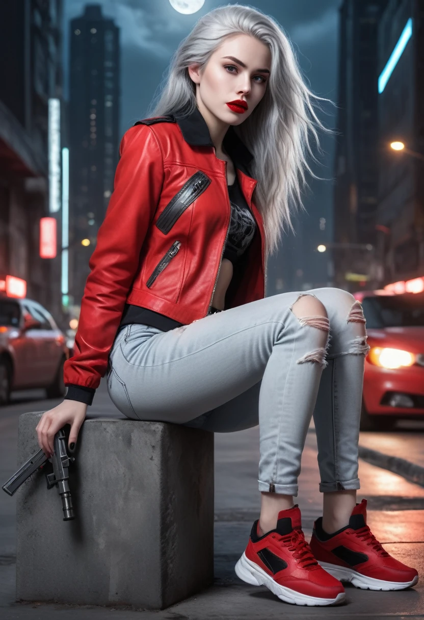 (Sci-fi fantasy), (Masterpiece), (professional oil painting) (best quality), (8k resolution), (1 beautiful girl), ((pale gray skin)), (iron gray skin), ((jeans clothes)),(red jacket)), ((black t-shirt underneath), ((red lipstick)), ((black sneakers)), (comcept art), , (long hair), (messy hair), (white hair), (iron gray hair), ((with futuristic weapon)), (ammunition), ((moonlight of the night)), (sitting thinking))