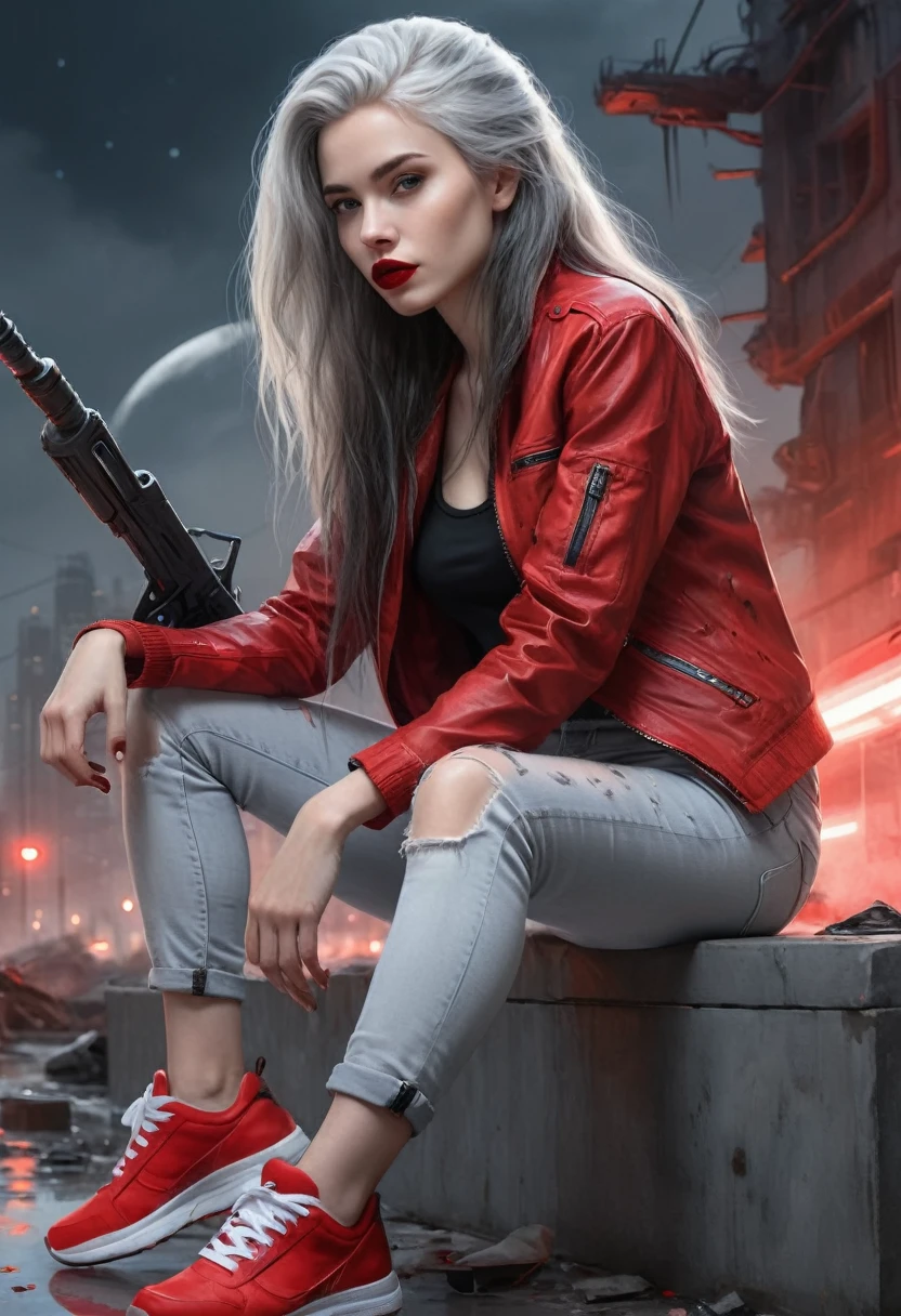 (Sci-fi fantasy), (Masterpiece), (professional oil painting) (best quality), (8k resolution), (1 beautiful girl), ((pale gray skin)), (iron gray skin), ((jeans clothes)),(red jacket)), ((black t-shirt underneath), ((red lipstick)), ((black sneakers)), (comcept art), , (long hair), (messy hair), (white hair), (iron gray hair), ((with futuristic weapon)), (ammunition), ((moonlight of the night)), (sitting thinking))