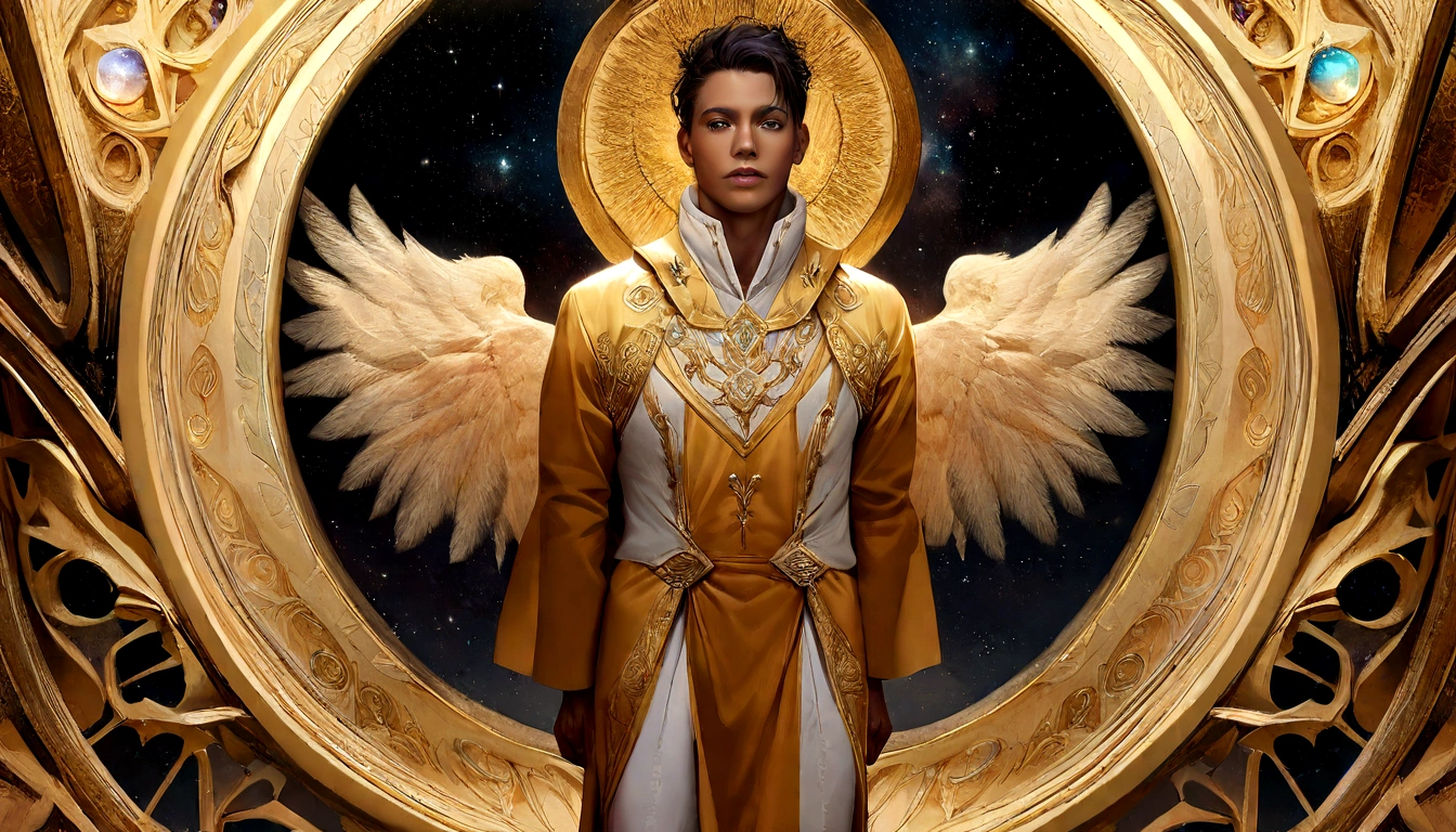 male character, Arcanjo Miguel, celestial image, details Intricate, realistic, ROSES and big wings, angelic background, Catholic illustrative depiction of the Arcanjo Miguel, male character of the Bible, Michael is dressed in angelic armor, Space background, Lighting in Arkhangelsk and in the background, Image of the entire body of an angel, Maximum detail and her angelic face and wings, realistic perfect skin, Maximum image quality, Miguel is highlighted in the image with bright and vibrant colors.