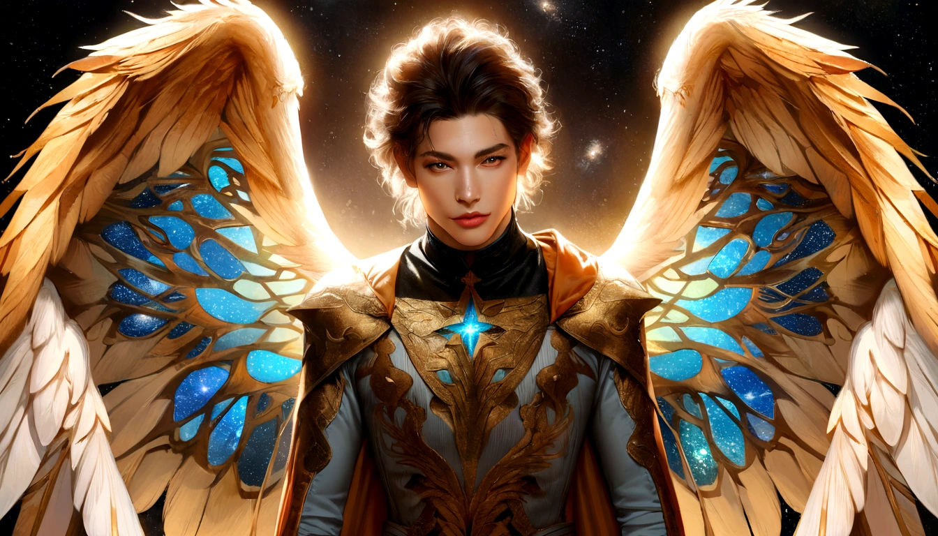 male character, Arcanjo Miguel, celestial image, details Intricate, realistic, ROSES and big wings, angelic background, Catholic illustrative depiction of the Arcanjo Miguel, male character of the Bible, Michael is dressed in angelic armor, Space background, Lighting in Arkhangelsk and in the background, Image of the entire body of an angel, Maximum detail and her angelic face and wings, realistic perfect skin, Maximum image quality, Miguel is highlighted in the image with bright and vibrant colors.