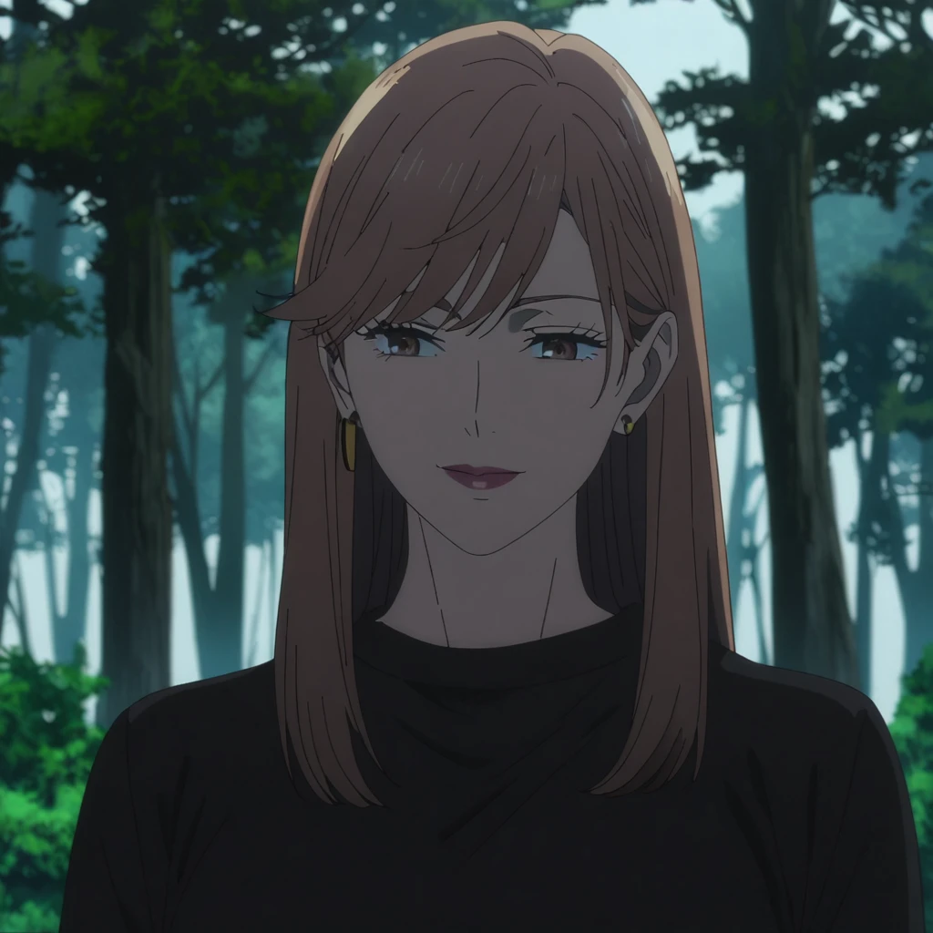 1girl, female gojo satoru, anime screencap from jujutsu kaisen, gojo satoru female version, solo, long_straight hair, blue eyes ((Dark Brown_hair, straight hair)), forest background (hanging breasts) upper_body, smile, brown_eyes, lips (straight hair, swept bangs) (wearing round sunglasses) ((wearing black sweater outfit)) breast, "very detailed and high resolution" (brown eyes)  ((solo)) (front view) (earings) ((high resolution)) ((good quality)) ((swept bangs))