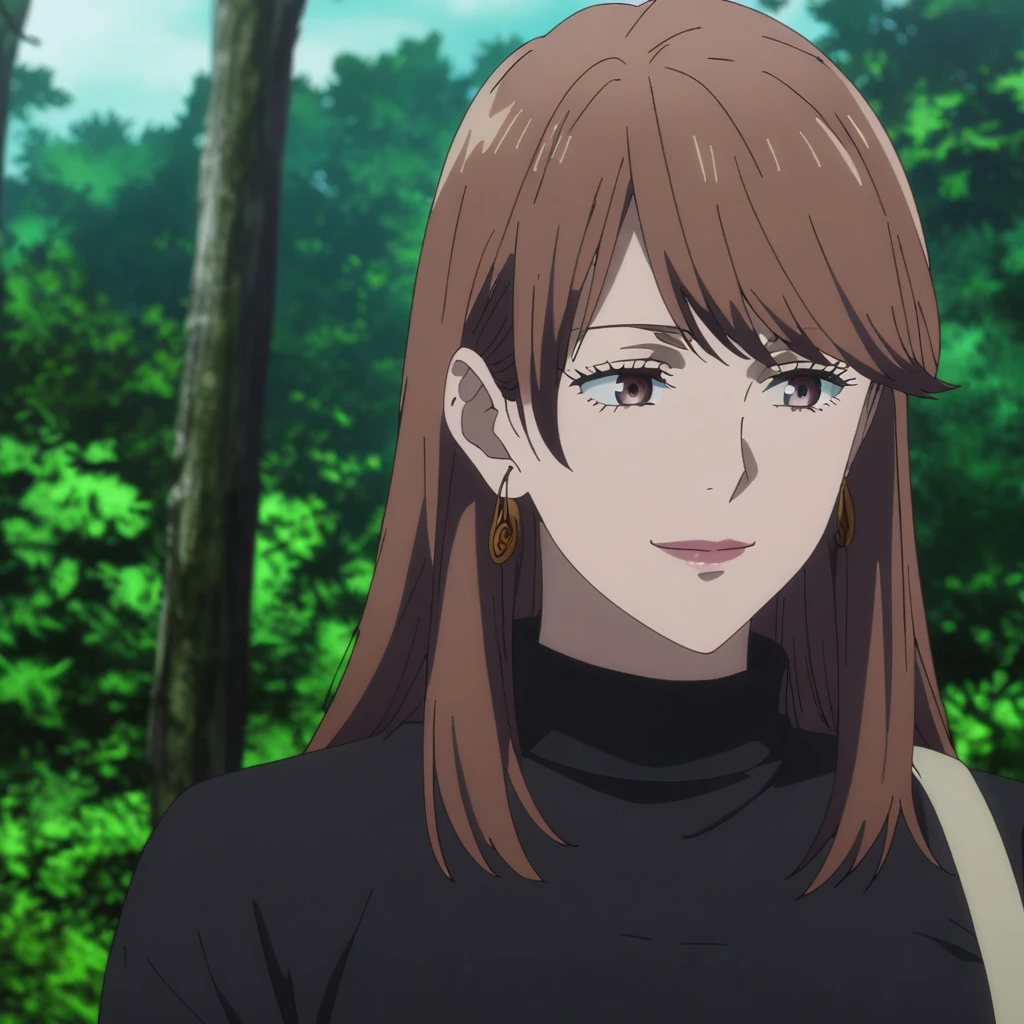 1girl, female gojo satoru, anime screencap from jujutsu kaisen, gojo satoru female version, solo, long_straight hair, blue eyes ((Dark Brown_hair, straight hair)), forest background (hanging breasts) upper_body, smile, brown_eyes, lips (straight hair, swept bangs) (wearing round sunglasses) ((wearing black sweater outfit)) breast, "very detailed and high resolution" (brown eyes) ((solo)) (front view) (earings) ((high resolution)) ((good quality)) ((swept bangs))
