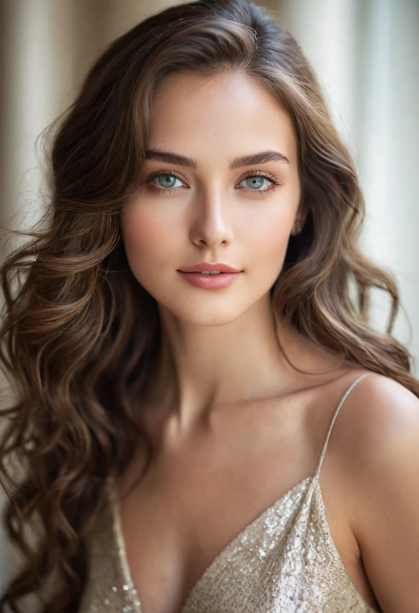 A captivating portrait of a beautiful young woman with radiant skin and expressive eyes. She has long, flowing hair that cascades in soft waves down her shoulders. Her features are delicate yet striking, with high cheekbones, a slender nose, and full lips that curve into a gentle smile. She is dressed in an elegant, stylish outfit that complements her natural beauty. The background is softly blurred, focusing all attention on her, and the lighting highlights her flawless complexion and the sparkle in her eyes. The overall mood of the image is warm and inviting, capturing her charm and grace."