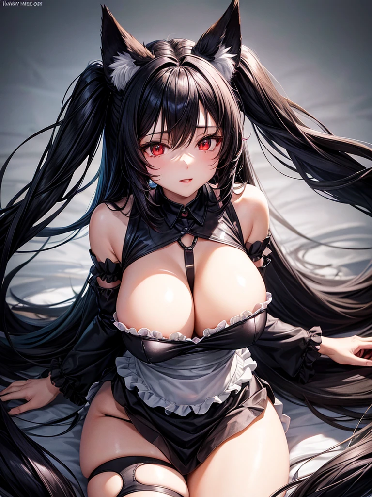 Black fox hybrid maid woman, wears a short maid outfit showing her panties, has long black fuzzy hair, has red eyes, has big breasts, has fox ears and fox tail.