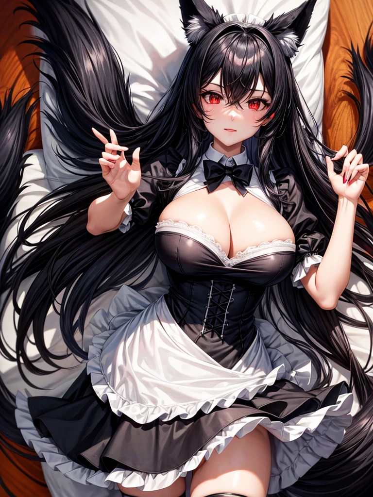 Black fox hybrid maid woman, wears a short maid outfit showing her panties, has long black fuzzy hair, has red eyes, has big breasts, has fox ears and fox tail.