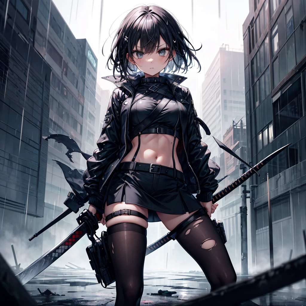 ((Highest quality)), ((masterpiece)), (detailed), A beautiful black-haired girl with an eye patch and a katana, fighting in a desolate cityscape. It's raining heavily, and the girl is dressed in a black leather jacket, a crop top, and a mini skirt, which are slightly torn. She is wearing black pantyhose. Her expression is emotionless. The background shows the ruins of the city, with rain pouring down, adding a dramatic effect to the scene.