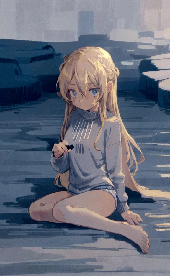 ((anime, 1girl, solo, best quality, masterpiece, beautiful shading, high details)), blonde hair, light blue eyes, eyebags, long eyelashes, tired, light blue sweatshirt, no pants, light blue and white striped panties,