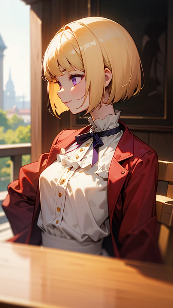 1 Girl、anime painting、Upper body close-up、profile、Natural Proportions、thin、Small breasts、smile、White skin、(blonde)、Bobcut、Beautiful purple eyes、Red jacket、(Long sleeve blouse)、Frilled blouse、Morning Cafe Terrace、Background blur、Written boundary depth