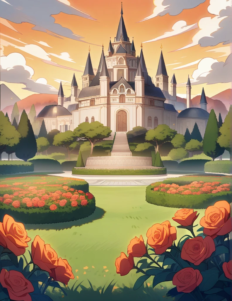 a large and vast garden with grass and red roses, with Greek marble decorations, with an orange sky and a black castle in the background