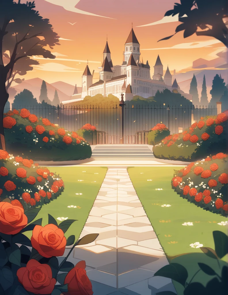 a large and vast garden with grass and red roses, with Greek marble decorations, with an orange sky and a black castle in the background
