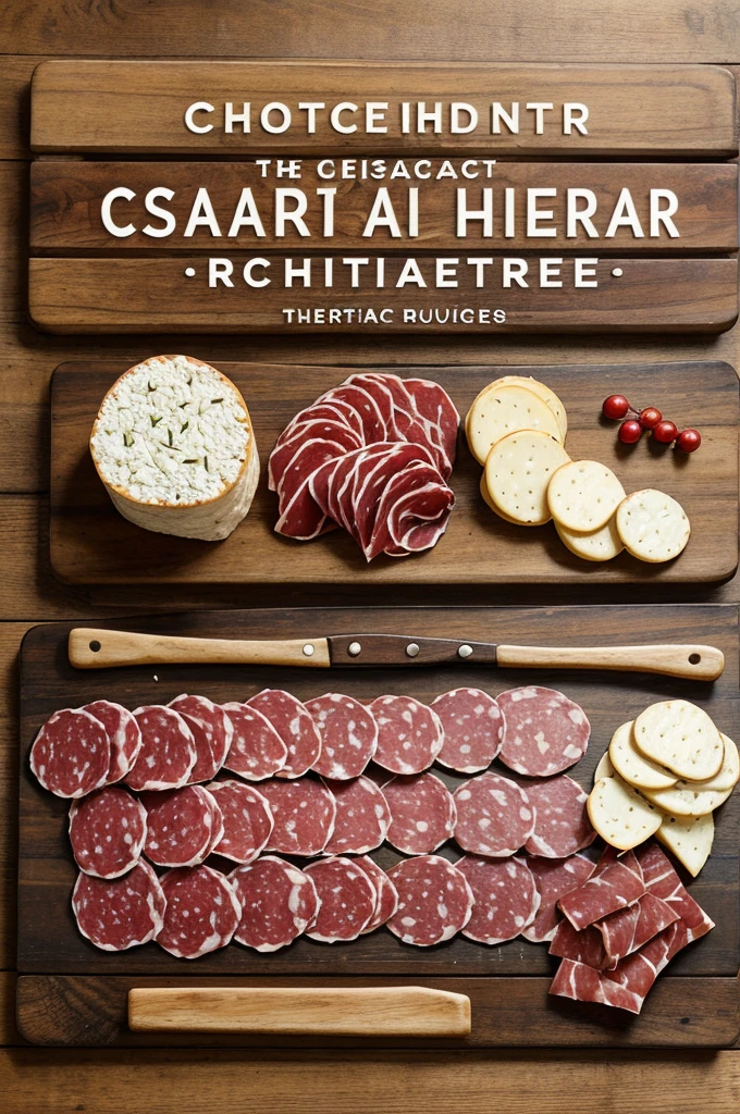 “Design a logo for a charcuterie business. The logo should prominently feature the text ‘Santa Charcutería’ in an elegant, sophisticated font. Incorporate visual elements that evoke the essence of charcuterie, such as cured meats, cheese, and a wooden board. The overall design should reflect a rustic yet gourmet aesthetic.”