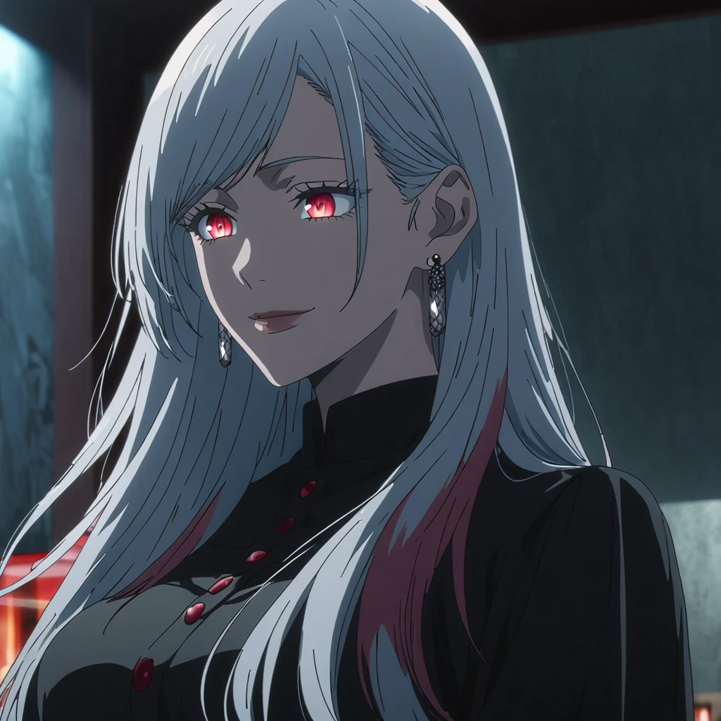 1girl, female gojo satoru, anime screencap from jujutsu kaisen, gojo satoru female version, solo, medium_hair, ((Blue universal eyes)) ((straight Silver_hair)), night view, (hanging breasts) upper_body, smile, indoors, book, green_eyes, lips, (swept bangs) ((wearing black colour outfit with button)) breast, "very detailed and high resolution" (Red eyes) (cross arms) ((long straight hair)) ((solo)) (front view) (earings) ((high resolution)) ((good quality)) ((swept bangs)) (( silver hair with red tips)) (((multi colour hair : silver and red)))