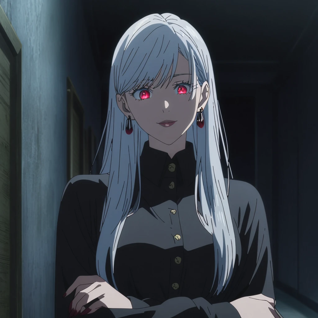1girl, female gojo satoru, anime screencap from jujutsu kaisen, gojo satoru female version, solo, medium_hair, ((Blue universal eyes)) ((straight Silver_hair)), night view, (hanging breasts) upper_body, smile, indoors, book, green_eyes, lips, (swept bangs) ((wearing black colour outfit with button)) breast, "very detailed and high resolution" (Red eyes) (cross arms) ((long straight hair)) ((solo)) (front view) (earings) ((high resolution)) ((good quality)) ((swept bangs)) (( silver hair with red tips)) (((multi colour hair : silver and red)))