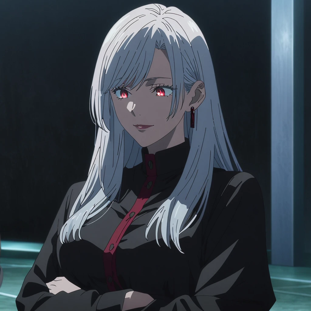 1girl, female gojo satoru, anime screencap from jujutsu kaisen, gojo satoru female version, solo, medium_hair, ((Blue universal eyes)) ((straight Silver_hair)), night view, (hanging breasts) upper_body, smile, indoors, book, green_eyes, lips, (swept bangs) ((wearing black colour outfit with button)) breast, "very detailed and high resolution" (Red eyes) (cross arms) ((long straight hair)) ((solo)) (front view) (earings) ((high resolution)) ((good quality)) ((swept bangs)) (( silver hair with red tips)) (((multi colour hair : silver and red)))