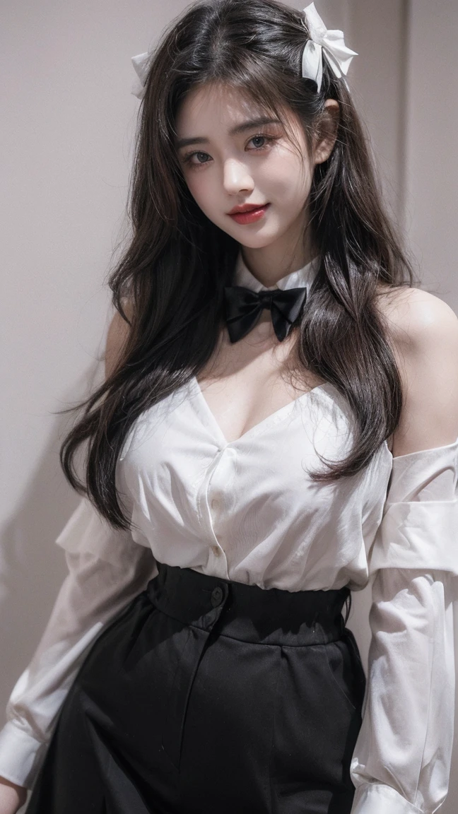 21yo girl,long hair is styled in loose waves,(smile),(smiling),(formal girl),(minimalist), wearing a white blouse with a large bow tie at the collar and thin black stripes, natural big breast, show big thigh, plump body,single sidelock hairpin blush modern cinematic lighting,ray tracing,drop shadow wide shot UHD,textured skin,high details,(below 1.2),best quality 4K